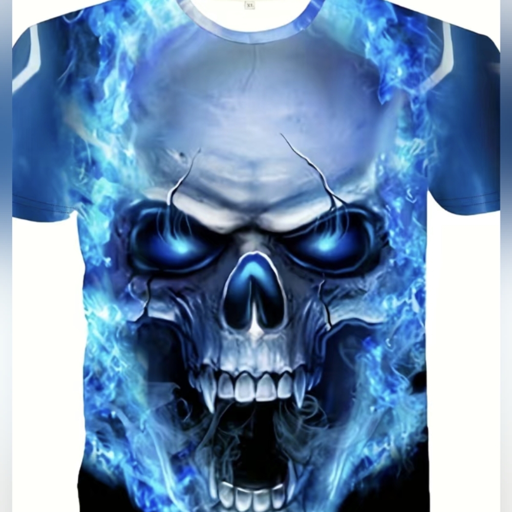 Men's Blue Skull T-shirt Novelty 3D Digital Print Medium (38) NWT